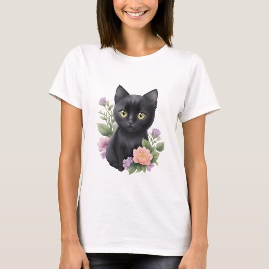 かわいい黒猫フローラ お洒落 Tシャツ (正面)