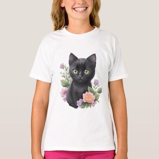 かわいい黒猫フローラ お洒落 Tシャツ (正面)