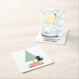かわいい黒猫メリークリスマスツリーホリデー スクエアペーパーコースター