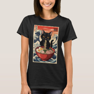 かわいい黒猫ラーメンと大波の浮世絵デザイン Tシャツ