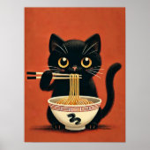 かわいい黒猫ラーメンアートプリント | かわいい麺類猫 ポスター (正面)