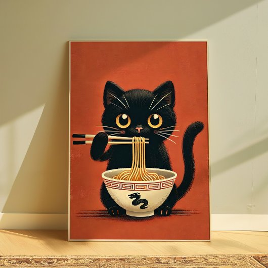 かわいい黒猫ラーメンアートプリント | かわいい麺類猫 ポスター