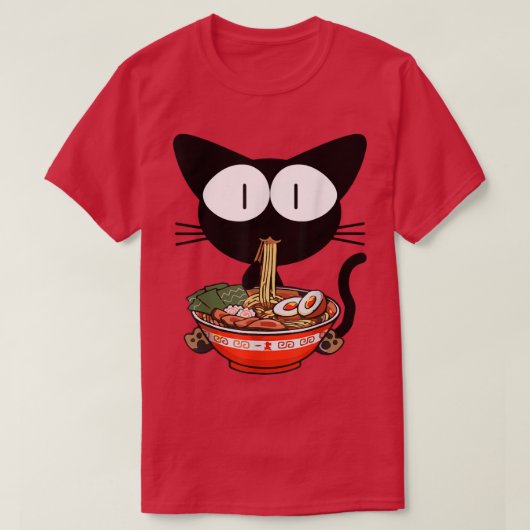 かわいい黒猫ラーメン丼アニメ日本の麺 Tシャツ (デザイン正面)