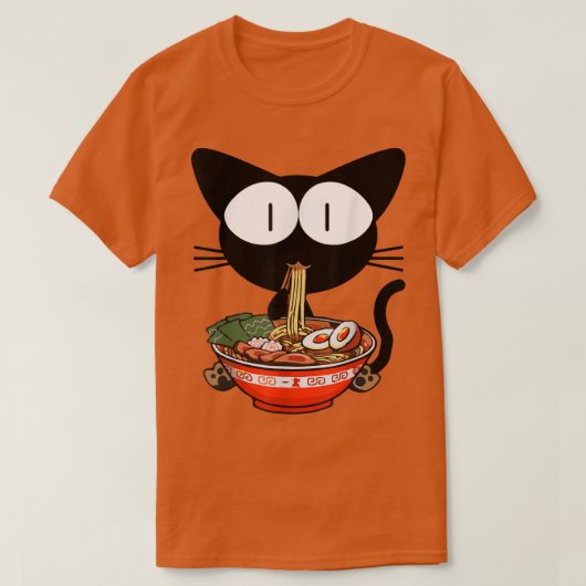 かわいい黒猫ラーメン丼アニメ日本の麺 Tシャツ (デザイン正面)