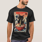 かわいい黒猫ラーメン大波浮世絵日本風デザイン Tシャツ (正面)