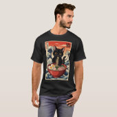 かわいい黒猫ラーメン大波浮世絵日本風デザイン Tシャツ (正面フル)
