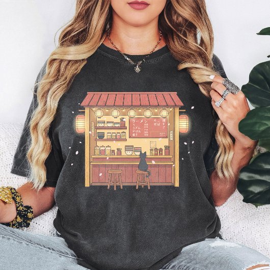 かわいい黒猫ラーメン屋の桜の花のアート Tシャツ