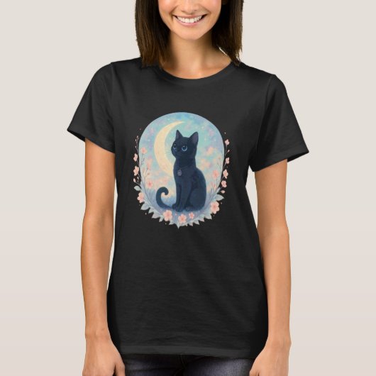 かわいい黒猫三日月花 Tシャツ (正面)