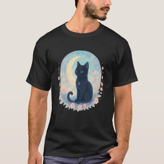 かわいい黒猫三日月花 Tシャツ (正面)