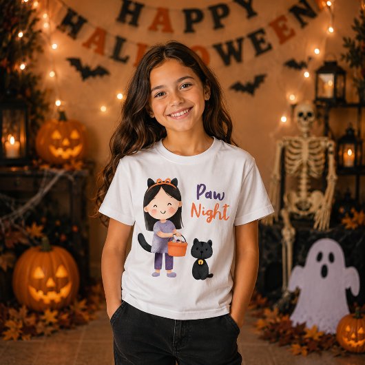 かわいい黒猫女子の前足ナイトハロウィン Tシャツ