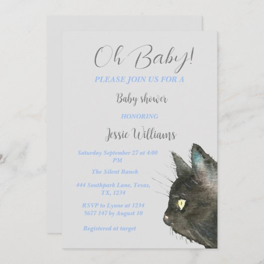 かわいい黒猫子猫キッテンブルー男の赤ちゃんシャワー 招待状 (正面/裏面)