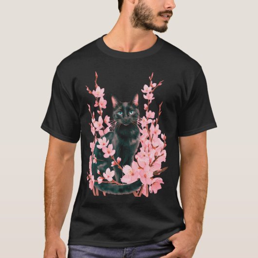 かわいい黒猫桜日本サクラ猫 Tシャツ (正面)