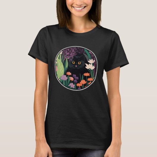 かわいい黒猫隠れ春の花美学 Tシャツ (正面)