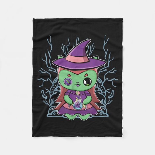 かわいい黒猫魔女の帽子と魔法の薬 フリースブランケット (正面)