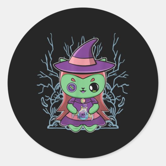 かわいい黒猫魔女の帽子と魔法の薬 ラウンドシール (正面)
