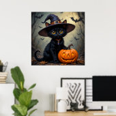 かわいい黒猫魔女の帽子スプーキー・ハロウィン ポスター (ホームオフィス)