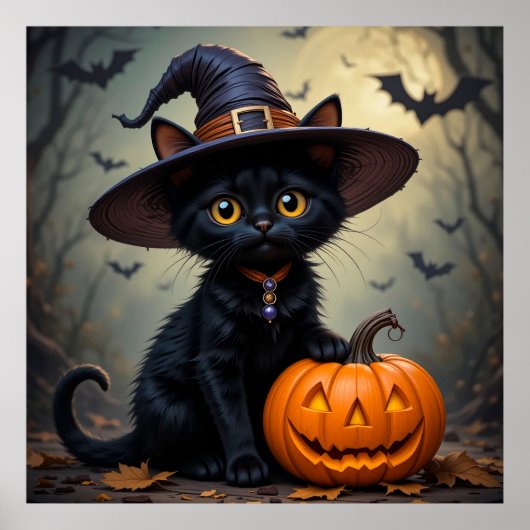 かわいい黒猫魔女の帽子スプーキー・ハロウィン ポスター (正面)