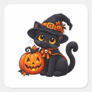 かわいい黒猫魔女ハロウィンパンプキン スクエアシール