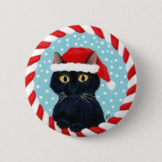 かわいい黒猫、サンタの冬のクリスマスの雪ボタン 缶バッジ (正面)