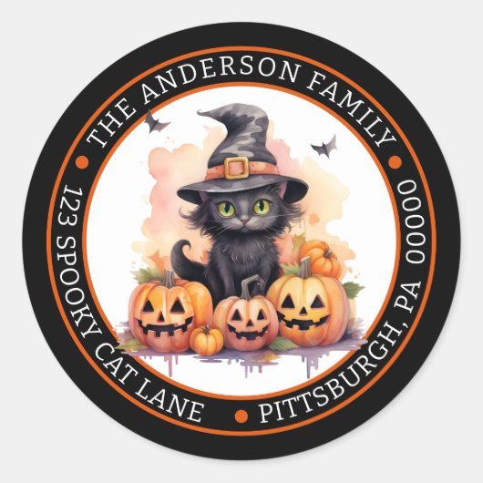 かわいい黒猫 | 魔女の帽子 サークル 返信先住所 ラウンドシール (正面)