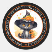 かわいい黒猫 | 魔女の帽子 サークル 返送先住所 ラウンドシール (正面)