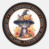 かわいい黒猫 | 魔女の帽子 サークル 返送先住所 ラウンドシール (正面)