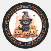 かわいい黒猫 | 魔女の帽子 サークル 返送先住所 ラウンドシール (正面)