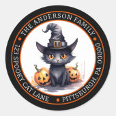 かわいい黒猫 | 魔女の帽子 円形 返送先住所 ラウンドシール (正面)