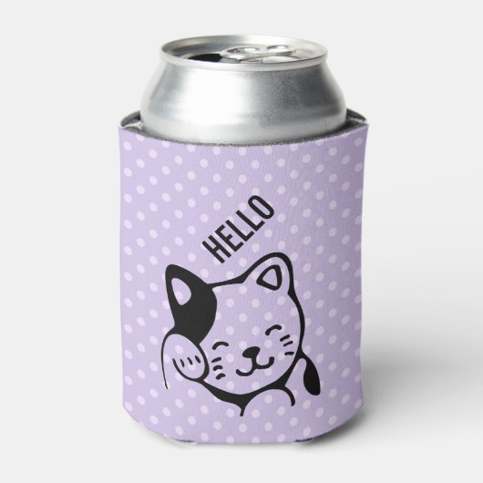 かわいい黒白の子猫が手を振って挨拶 缶クーラー (缶正面)