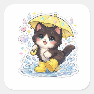 かわいい黒白の子猫と傘 スクエアシール