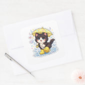 かわいい黒白の子猫と傘 スクエアシール (封筒)
