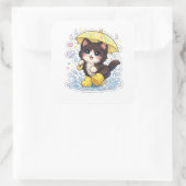 かわいい黒白の子猫と傘 スクエアシール (バッグ)