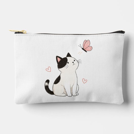 かわいい黒白の猫とピンクの蝶々 アクセサリーポーチ (正面)