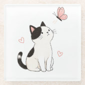 かわいい黒白の猫とピンクの蝶々 ガラスコースター (正面)
