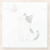 かわいい黒白の猫とピンクの蝶々 ガラスコースター (裏面)