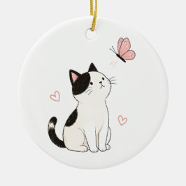 かわいい黒白の猫とピンクの蝶々 セラミックオーナメント