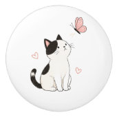 かわいい黒白の猫とピンクの蝶々 セラミックノブ (正面)