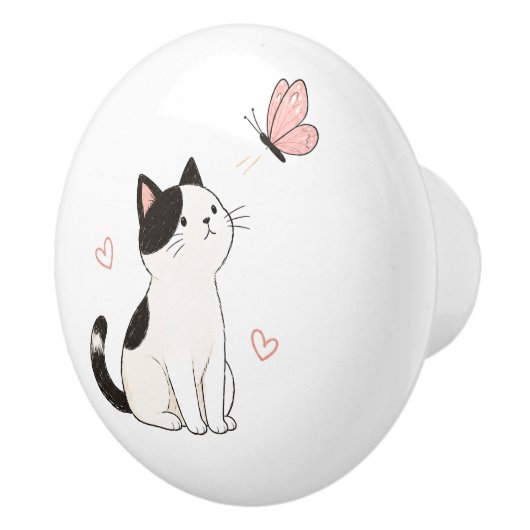 かわいい黒白の猫とピンクの蝶々 セラミックノブ (右)