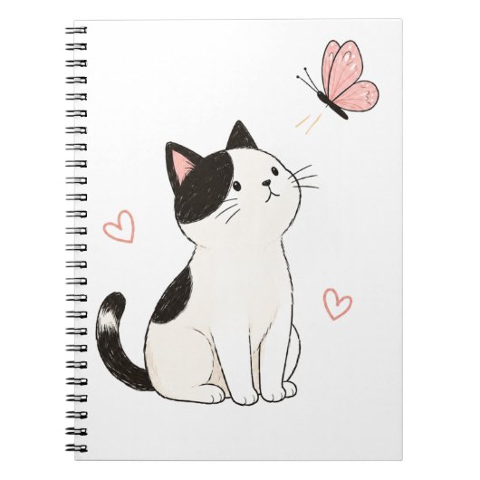 かわいい黒白の猫とピンクの蝶々 ノートブック (正面)