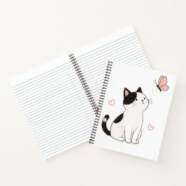 かわいい黒白の猫とピンクの蝶々 ノートブック