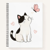 かわいい黒白の猫とピンクの蝶々 ノートブック (正面)