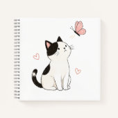 かわいい黒白の猫とピンクの蝶々 ノートブック (正面)