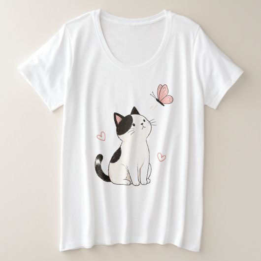 かわいい黒白の猫とピンクの蝶々 プラスサイズTシャツ (デザイン正面)