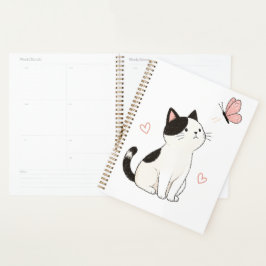 かわいい黒白の猫とピンクの蝶々 プランナー手帳