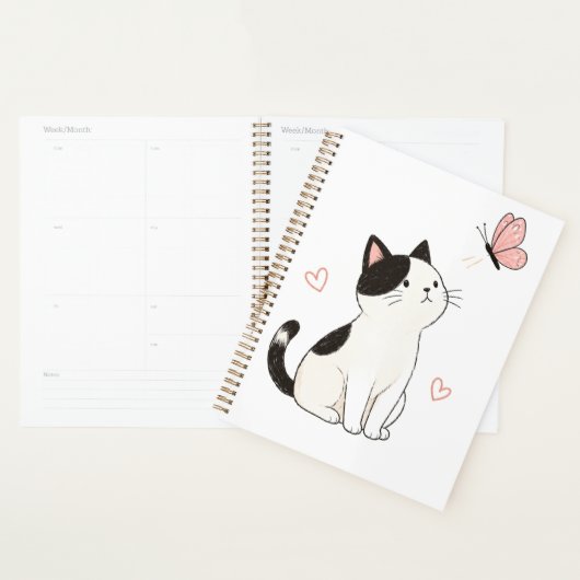 かわいい黒白の猫とピンクの蝶々 プランナー手帳 (ディスプレー)