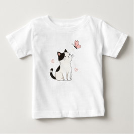 かわいい黒白の猫とピンクの蝶々 ベビーTシャツ