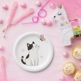 かわいい黒白の猫とピンクの蝶々 ペーパープレート