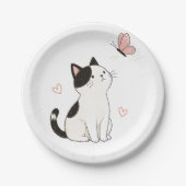 かわいい黒白の猫とピンクの蝶々 ペーパープレート (正面)