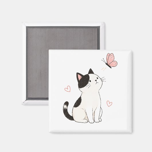 かわいい黒白の猫とピンクの蝶々 マグネット (正面/裏面)