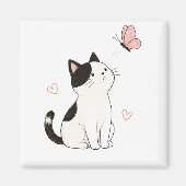 かわいい黒白の猫とピンクの蝶々 マグネット (正面)